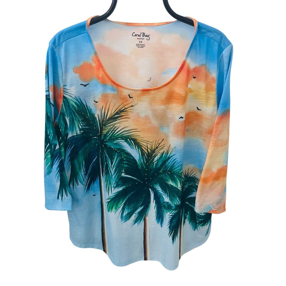 Coral Bay Women's 1X Tropical Palm Tree Sunset 3/4 Sleeve Scoop Neck Top